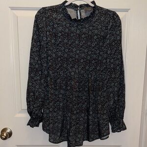 Flowy Black and Teal Green Women's Blouse with Mock Neck